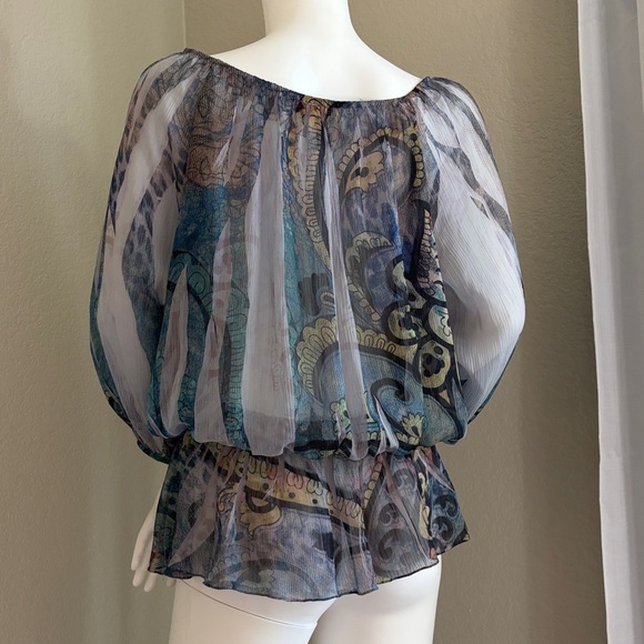 Amoure Couture sheer whimsigoth / boho top with smocked waistband, poet sleeves - Picture 3 of 9